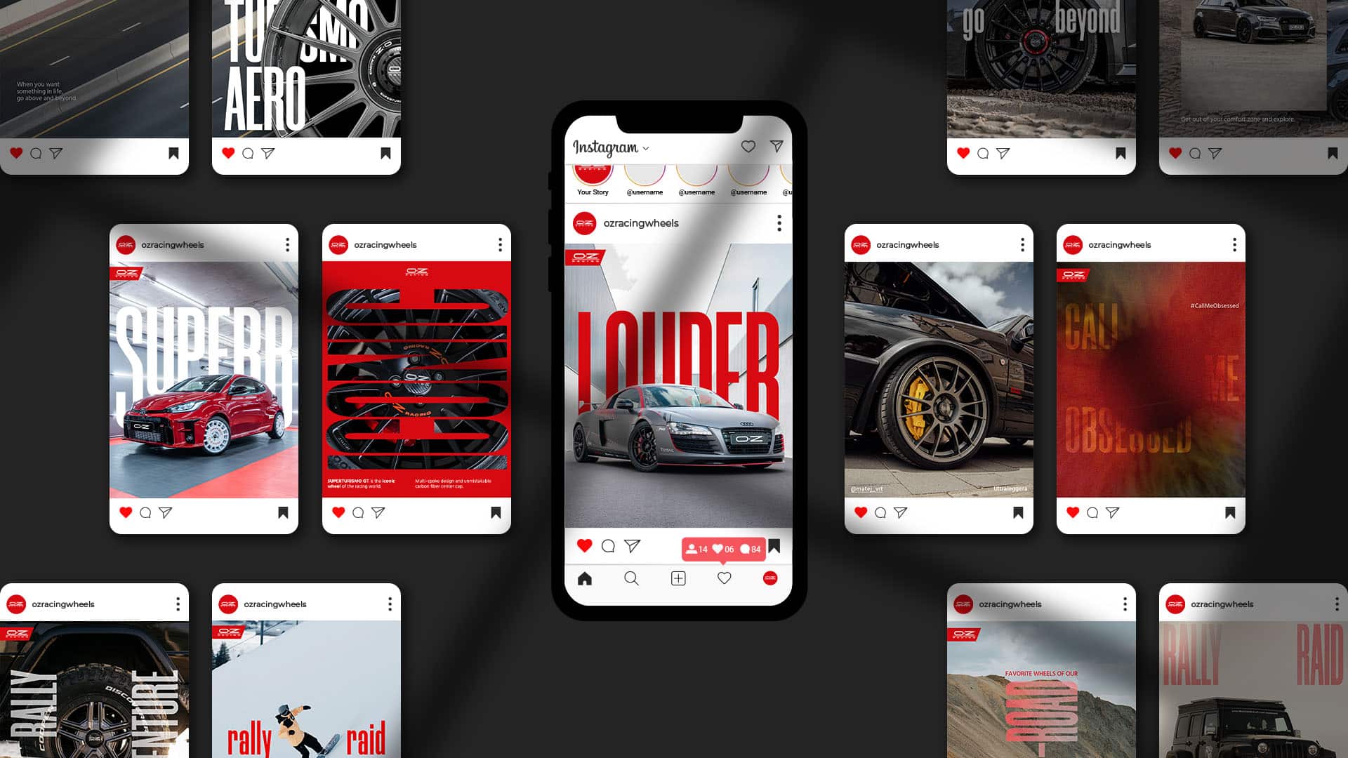 smartphone con grafiche social per Instagram Oz Racing